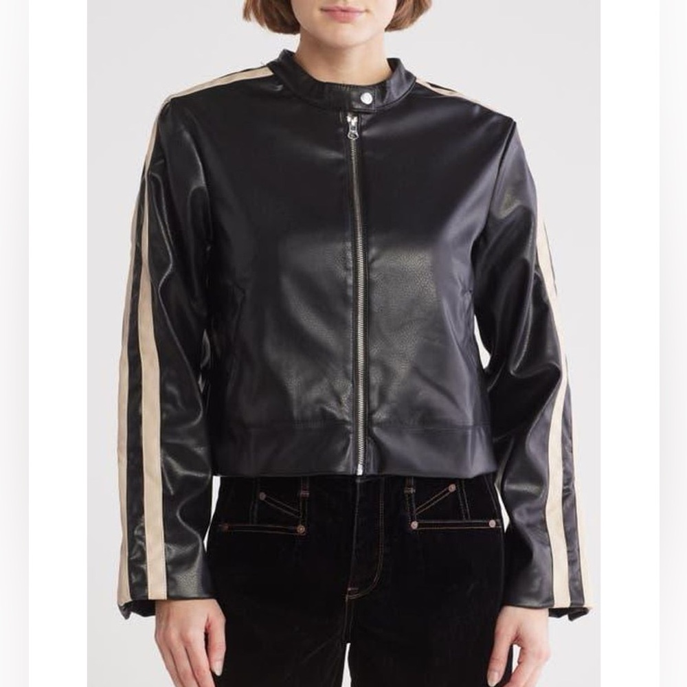 NWT Democracy Black Leather Biker Jacket with Cream Stripes